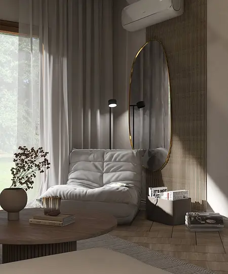Wnętrze salonu z minimalistycznym stylem, nowoczesnymi meblami i skandynawskim designem.