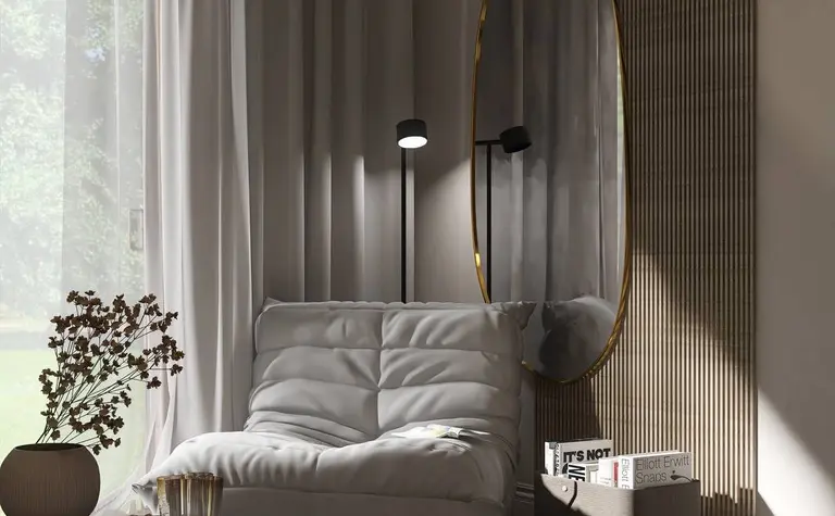 Wnętrze salonu z minimalistycznym stylem, nowoczesnymi meblami i skandynawskim designem.