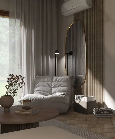 Wnętrze salonu z minimalistycznym stylem, nowoczesnymi meblami i skandynawskim designem.
