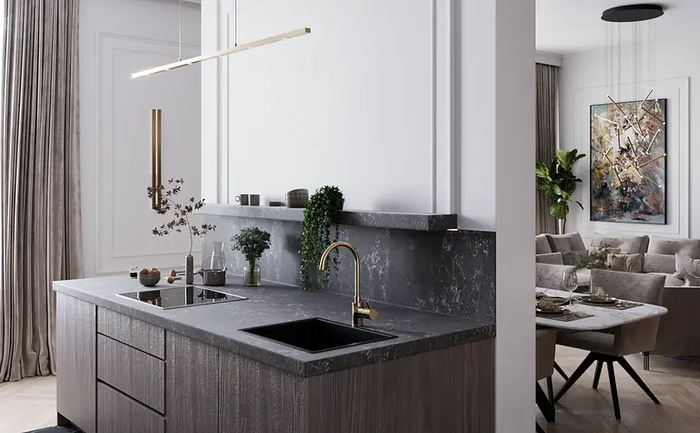 Wnętrze kuchni z eklektycznym stylem, glamour, nowoczesnym i tradycyjnym, z ciemnymi meblami.