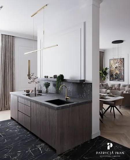 Wnętrze kuchni z eklektycznym stylem, glamour, nowoczesnym i tradycyjnym, z ciemnymi meblami.