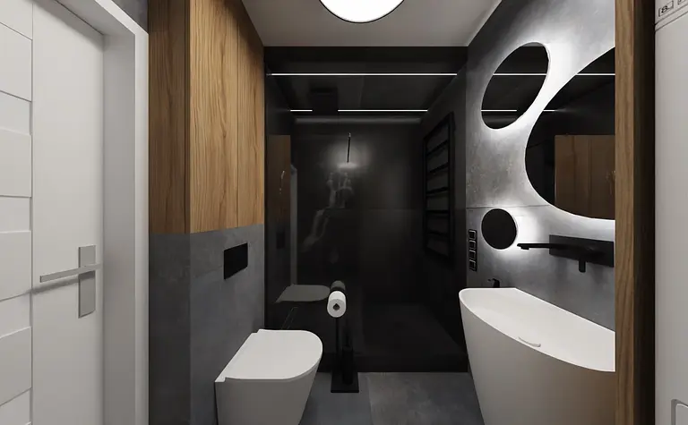 Nowoczesna łazienka z drewnianymi elementami i minimalistycznym designem.