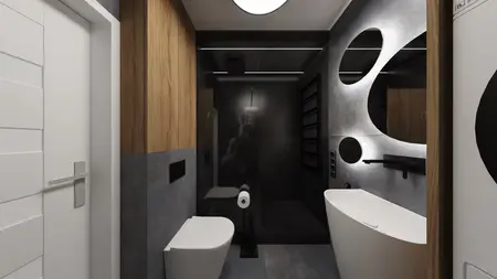 Nowoczesna łazienka z drewnianymi elementami i minimalistycznym designem.