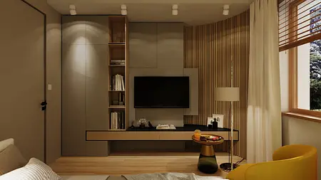 Wnętrze z telewizorem, drewnianymi meblami i lampą w stylu japandi i nowoczesnym.