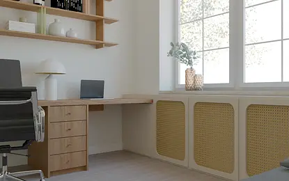 Wnętrze gabinetu w stylu boho z drewnianymi akcentami i nowoczesnym biurkiem.