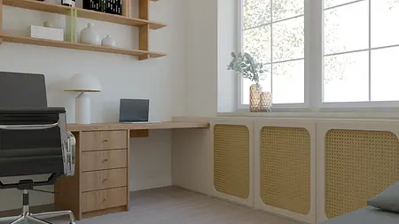 Wnętrze gabinetu w stylu boho z drewnianymi akcentami i nowoczesnym biurkiem.