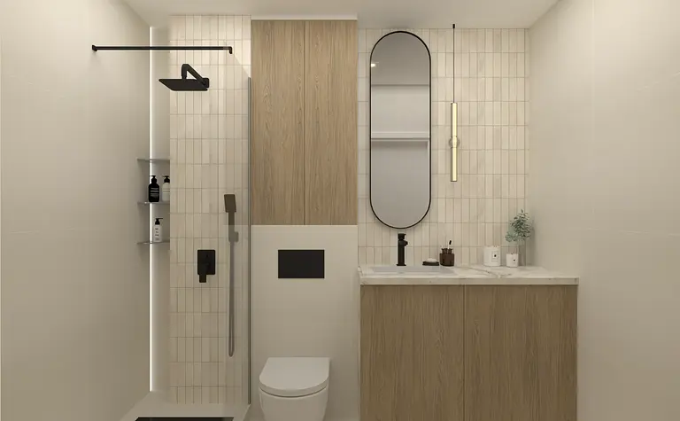Nowoczesna łazienka z drewnianymi elementami, minimalistycznym designem i współczesnym wykończeniem.