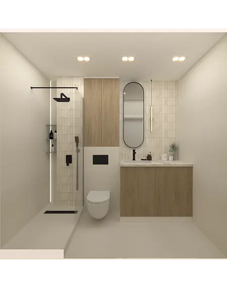 Nowoczesna łazienka z drewnianymi elementami, minimalistycznym designem i współczesnym wykończeniem.