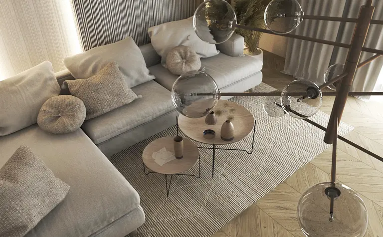 Wnętrze salonu w stylu eklektycznym, minimalistycznym i nowoczesnym z szarymi meblami.