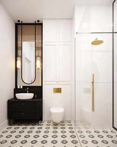 Nowoczesna łazienka z elementami art deco i glamour, czarna umywalka, złote akcenty.