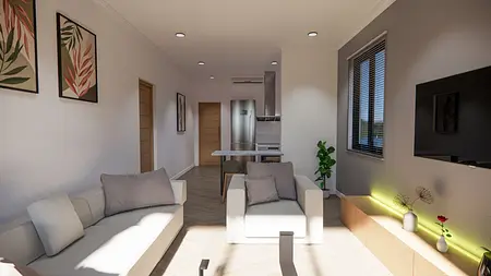 Nowoczesny salon z jasnymi meblami, roślinami i minimalistycznymi akcentami.