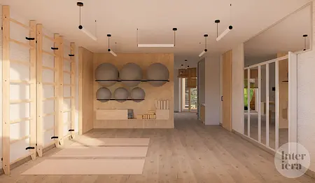 Wnętrze minimalistycznej sali do ćwiczeń w stylu japandi z drewnianą podłogą i akcesoriami.
