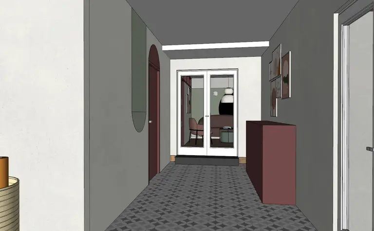 Przedpokój z szarymi ścianami, brązowym meblem oraz elementami dopamine decor i eklektycznymi.