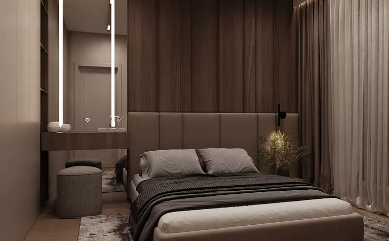 Sypialnia w stylu minimalistycznym z brązowymi akcentami i nowoczesnym oświetleniem.
