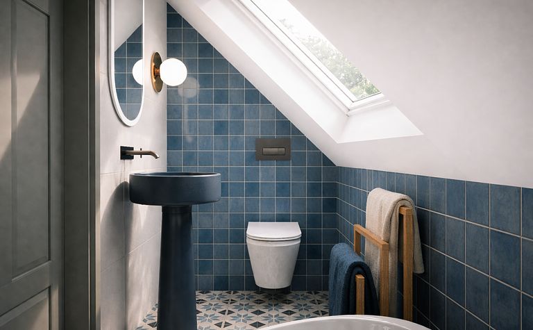 Wnętrze łazienki w stylu eklektycznym, rustykalnym, skandynawskim i vintage z niebieskimi płytkami.