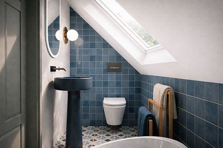 Wnętrze łazienki w stylu eklektycznym, rustykalnym, skandynawskim i vintage z niebieskimi płytkami.
