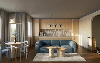 Wnętrze z niebieską sofą, drewnianym stołem i zasłonami, w stylu dopamine decor i nowoczesnym.