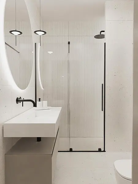 Nowoczesna łazienka w stylu japandi z minimalistycznymi detalami.