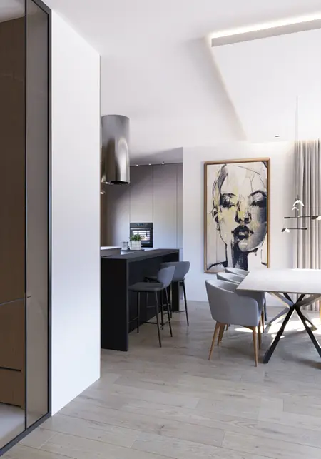 Nowoczesne wnętrze kuchni z białymi meblami i grafikiem na ścianie.