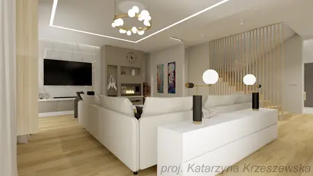 Nowoczesny salon z białymi meblami, drewnianą podłogą i oświetleniem.
