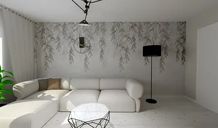 Współczesny salon z białą sofą, szarymi ścianami i lampą stojącą.