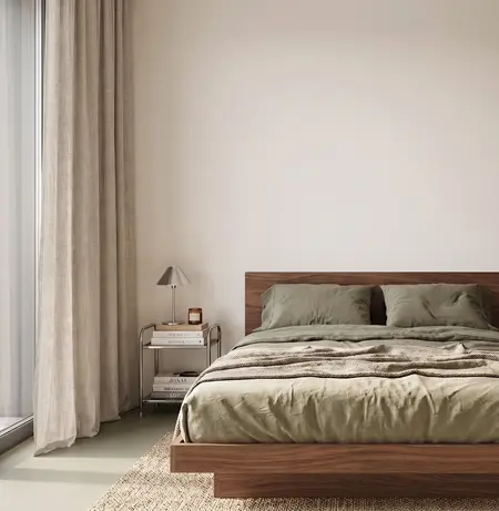 Wnętrze sypialni z drewnianym łóżkiem i zieloną pościelą, styl nowoczesny, soft minimalizm, współczesny