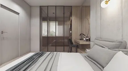Wnętrze sypialni z nowoczesnym, minimalistycznym designem, szare ściany, drewniane akcenty.