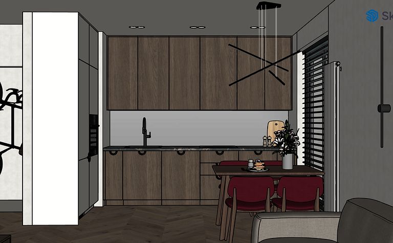 Wnętrze kuchni w stylu minimalistycznym z drewnianymi meblami, białymi elementami i nowoczesnym oświetleniem.