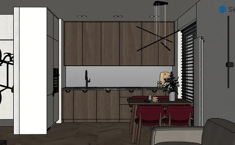 Wnętrze kuchni w stylu minimalistycznym z drewnianymi meblami, białymi elementami i nowoczesnym oświetleniem.