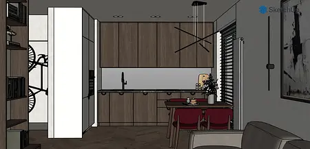 Wnętrze kuchni w stylu minimalistycznym z drewnianymi meblami, białymi elementami i nowoczesnym oświetleniem.