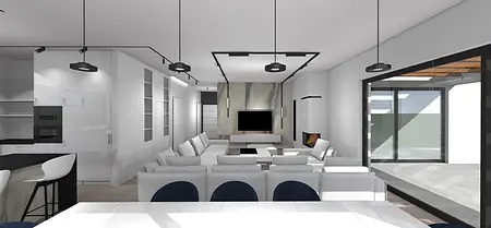 Salon z białymi meblami, kominkiem i dużymi oknami. Styl: dopamine decor, industrialny, japandi, minimalistyczny, minimaluxe, nowoczesny, skandynawski, soft minimalizm, współczesny.