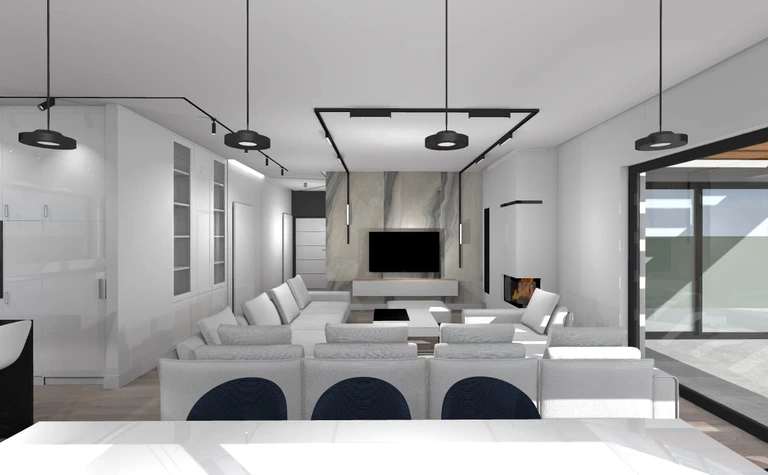 Salon z białymi meblami, kominkiem i dużymi oknami. Styl: dopamine decor, industrialny, japandi, minimalistyczny, minimaluxe, nowoczesny, skandynawski, soft minimalizm, współczesny.