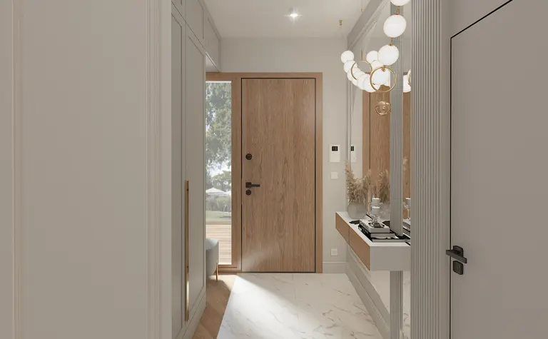 Przedpokój z drewnianymi elementami i nowoczesnym oświetleniem w stylu dopamine decor.