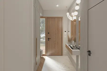 Przedpokój z drewnianymi elementami i nowoczesnym oświetleniem w stylu dopamine decor.