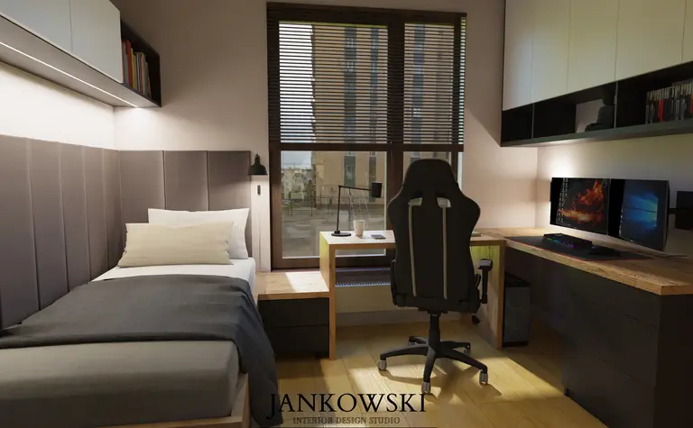 Wnętrze pokoju z biurkiem, łóżkiem i oknem, styl industrialny, minimalistyczny, rustykalny, skandynawski.