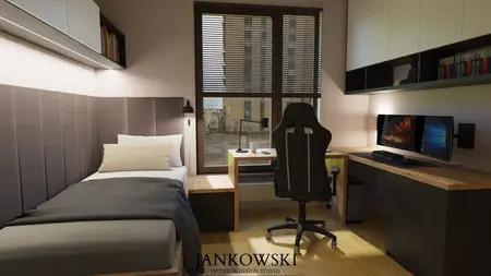 Wnętrze pokoju z biurkiem, łóżkiem i oknem, styl industrialny, minimalistyczny, rustykalny, skandynawski.