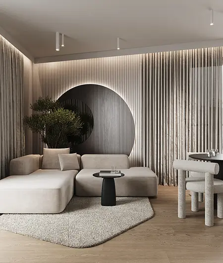 Wnętrze salonu w stylu japandi z beżową sofą i drewnianymi detalami