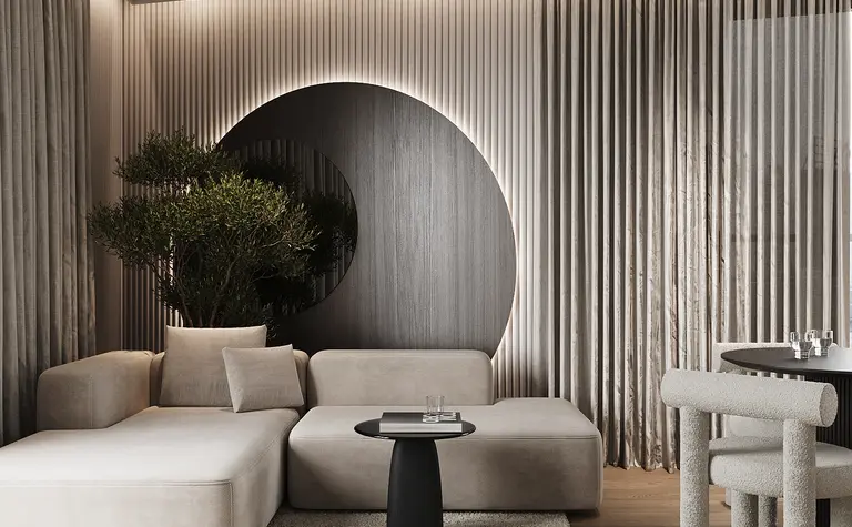 Wnętrze salonu w stylu japandi z beżową sofą i drewnianymi detalami