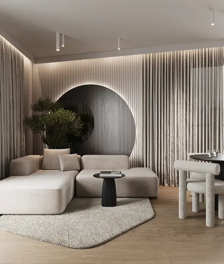 Wnętrze salonu w stylu japandi z beżową sofą i drewnianymi detalami