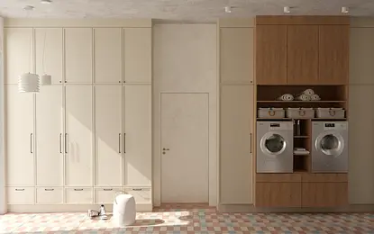 Pralnia w stylu quiet luxury i soft minimalizm z vintage dodatkami.