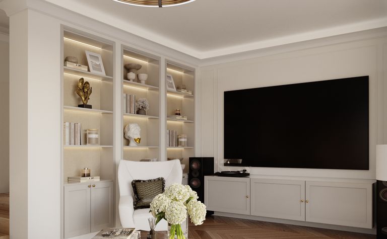 Wnętrze salonu w stylu quiet luxury z białymi meblami i brązowym stolikiem.
