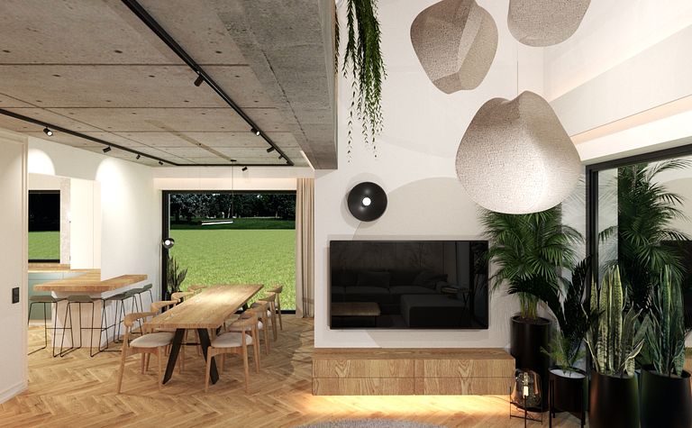 Wnętrze salonu z nowoczesnym oświetleniem i dużymi roślinami.