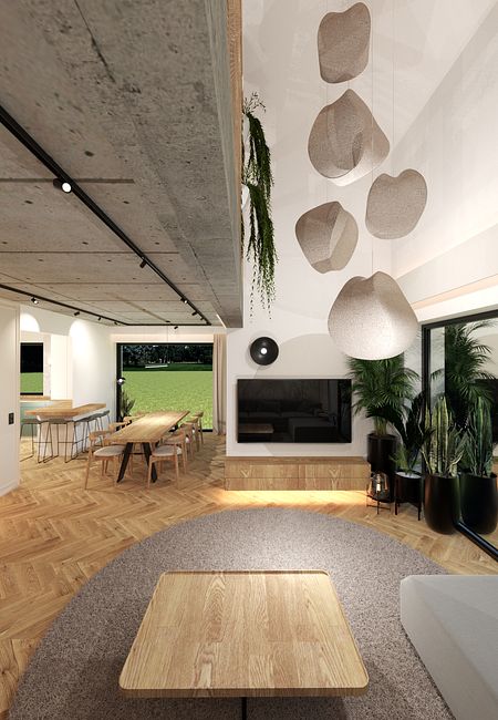 Wnętrze salonu z nowoczesnym oświetleniem i dużymi roślinami.