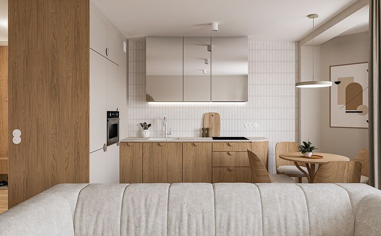 Kuchnia w stylu boho i japandi z drewnianymi meblami i minimalistycznymi detalami.