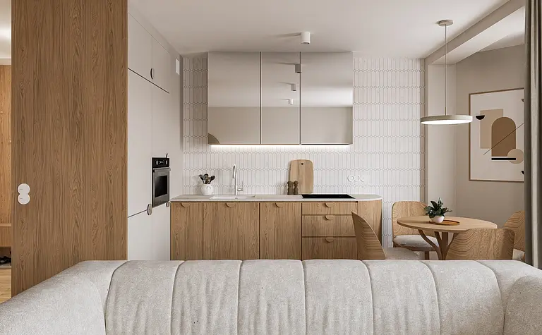 Kuchnia w stylu boho i japandi z drewnianymi meblami i minimalistycznymi detalami.