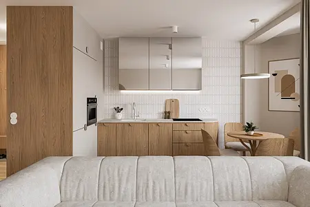 Kuchnia w stylu boho i japandi z drewnianymi meblami i minimalistycznymi detalami.