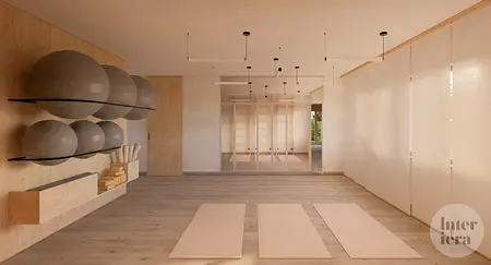 Wnętrze w stylu japandi i minimalistycznym z matami do ćwiczeń i lustrami.
