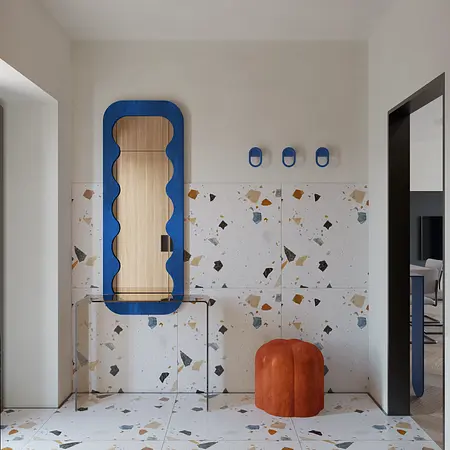 Przedpokój z niebieskim lustrem, eklektyczna dekoracja, dopamine decor