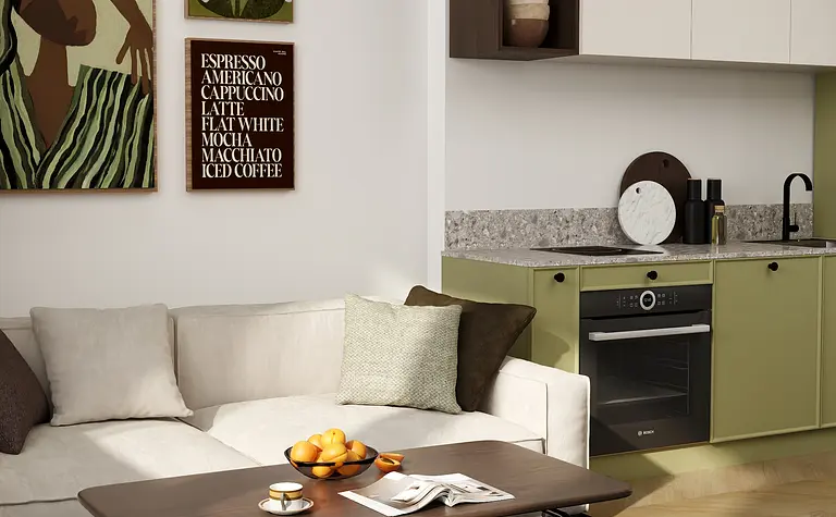 Wnętrze salonu w stylu vintage i współczesnym z jasnymi meblami i ciemnym stołem.