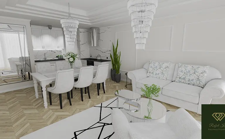 Wnętrze salonu glamour z białą sofą, stołem i roślinami